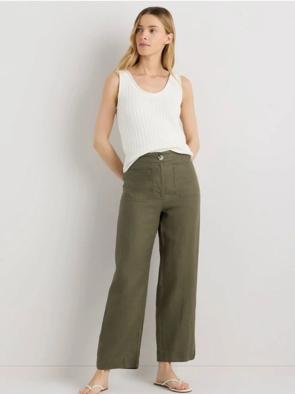 Quince 100% European Linen Patch Pocket Wide Leg Pants Olive Green size 4